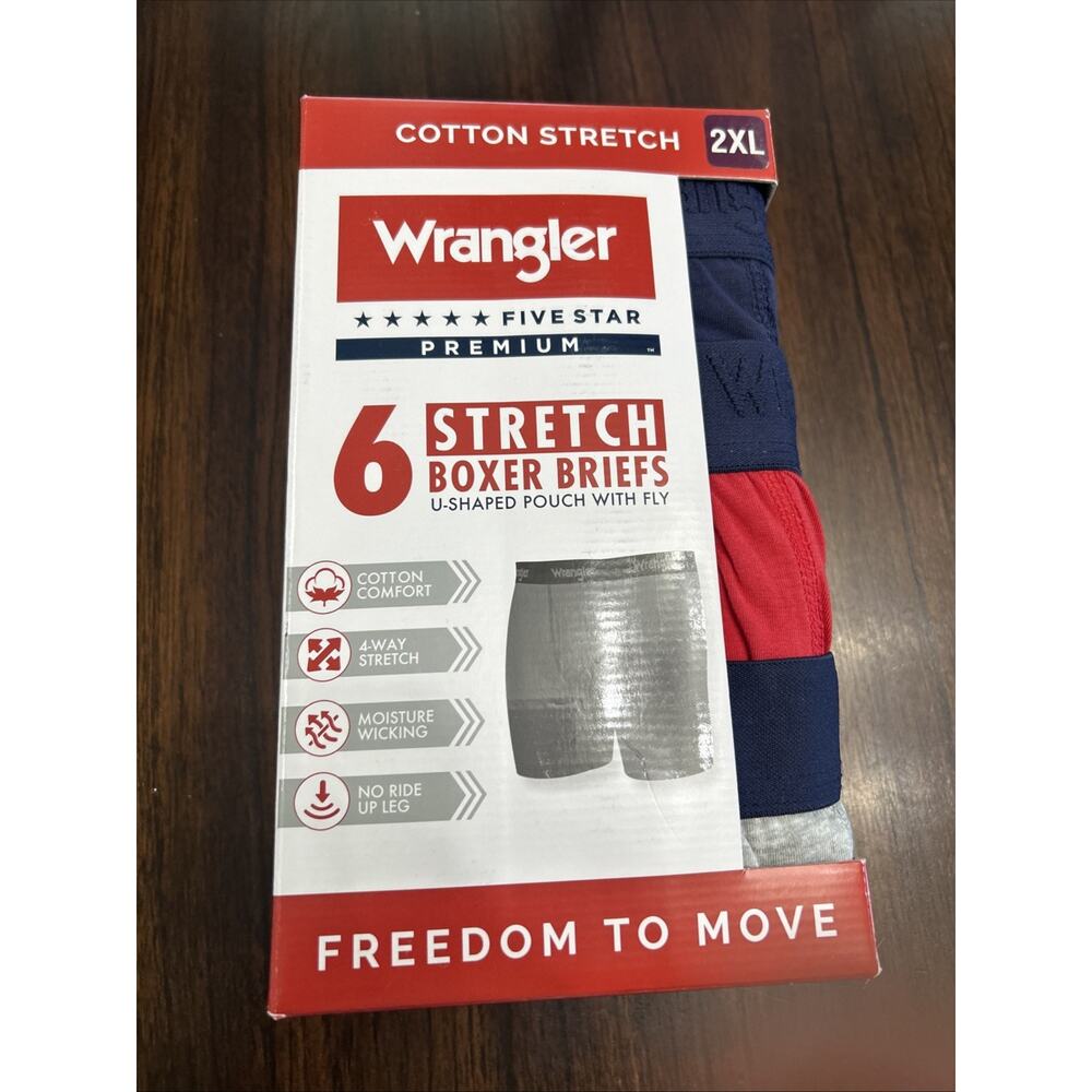 Wrangler Boxer Briefs Mens 2XL 6 Pk 5 Star Premium Cotton Stretch Navy Gray Red